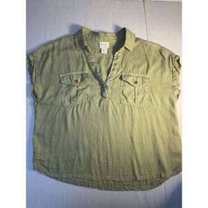 Nicole Miller Linen Blouse Womens Large Green Safari Utility Shirt Top
